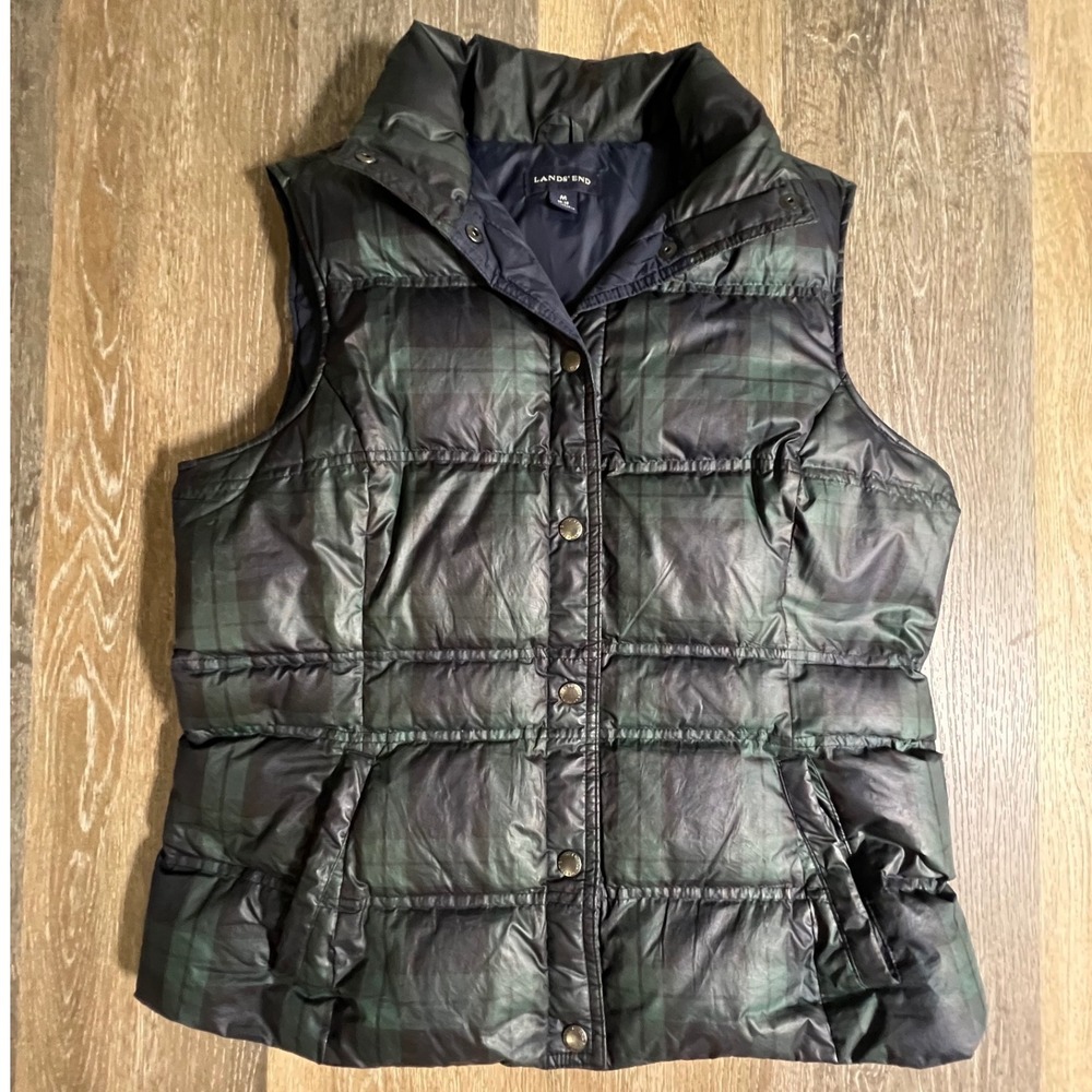 Lands End Puffer Vest Womens Medium Green Black Watch Plaid Quilted Snap Front
